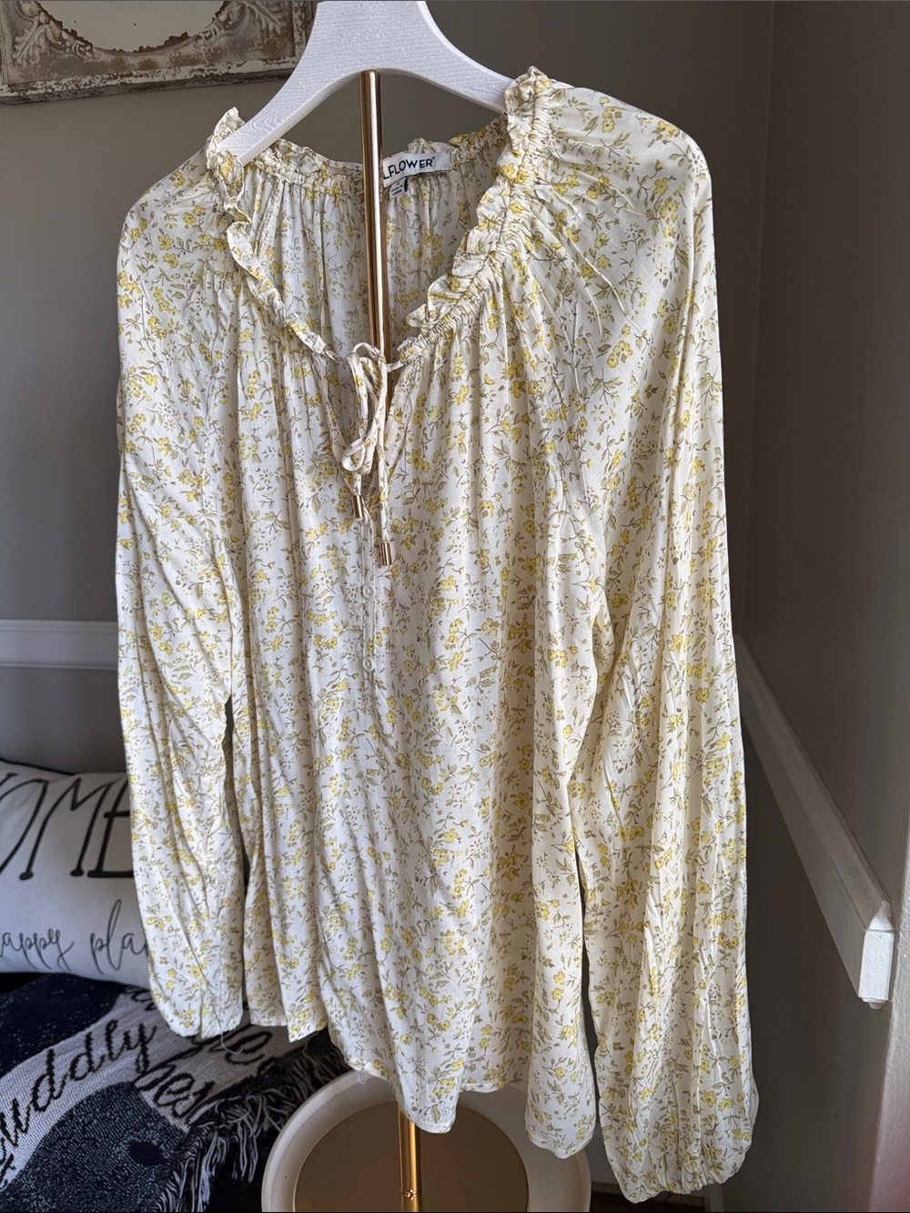 Wallflower Cream Floral Tie-Neck Peasant Blouse
